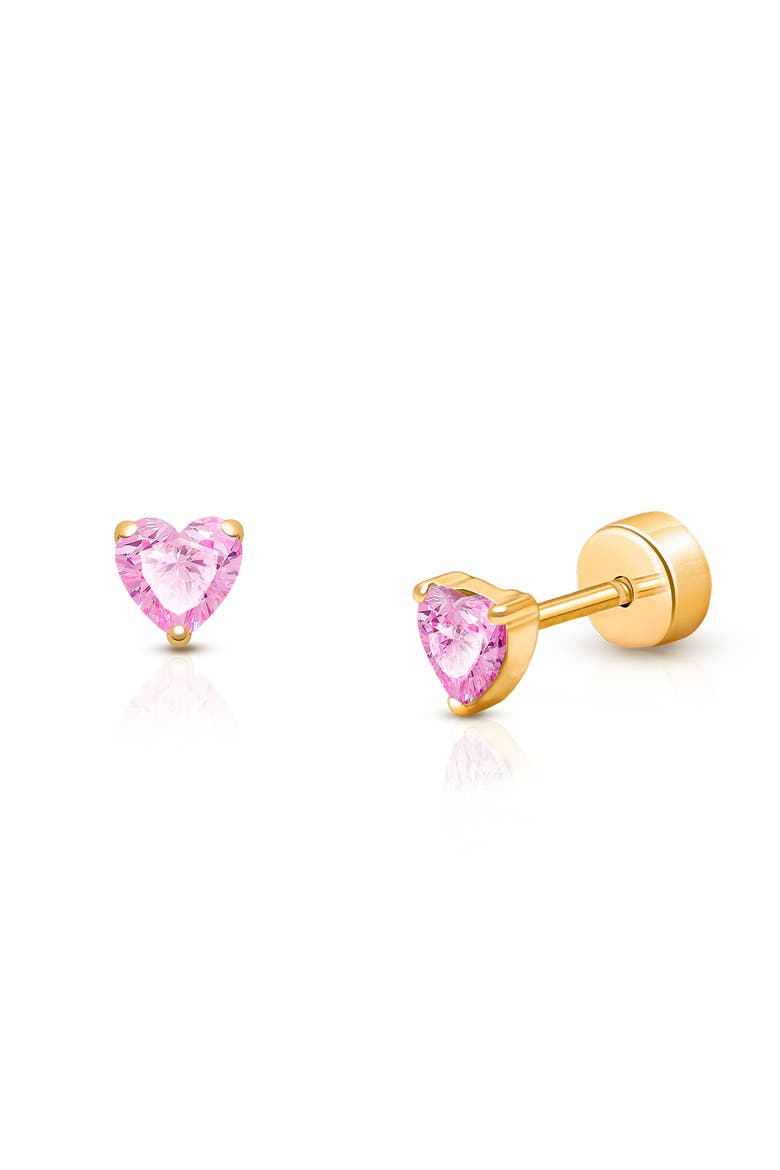 14K Gold on Titanium 4mm Pink Sparkling Heart Stud Screw Back Earrings, Main, color, 14K Yellow Gold