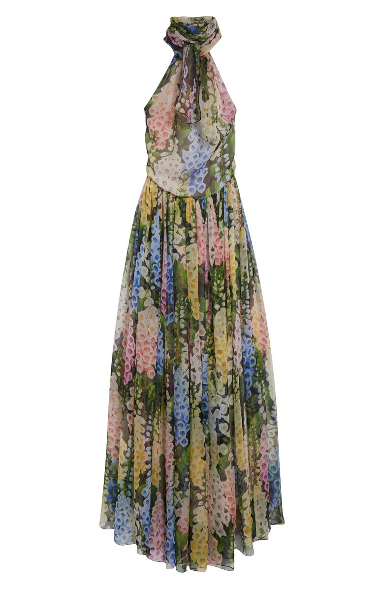 Oscar de la Renta Foxglove Gathered Silk Chiffon Gown, Alternate, color, Black Multi