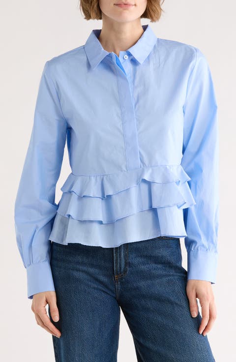 Ruffle Poplin Crop Button-Up Shirt