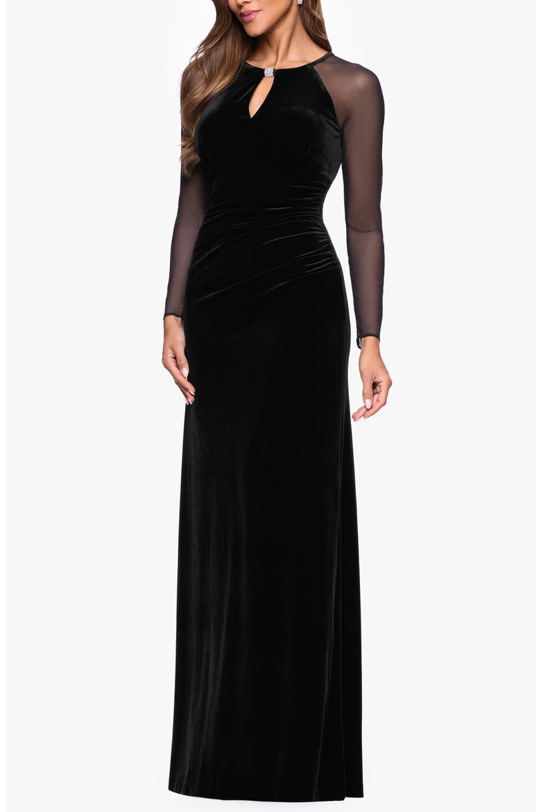 Mesh Long Sleeve Ruched Velvet Gown, Alternate, color, BLACK