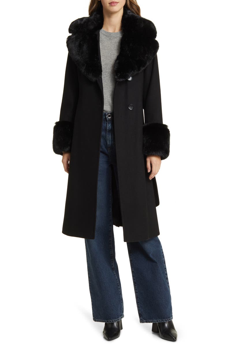 Via Spiga Wool Blend Belted Coat with Faux Fur Trim, Alternate, color,
