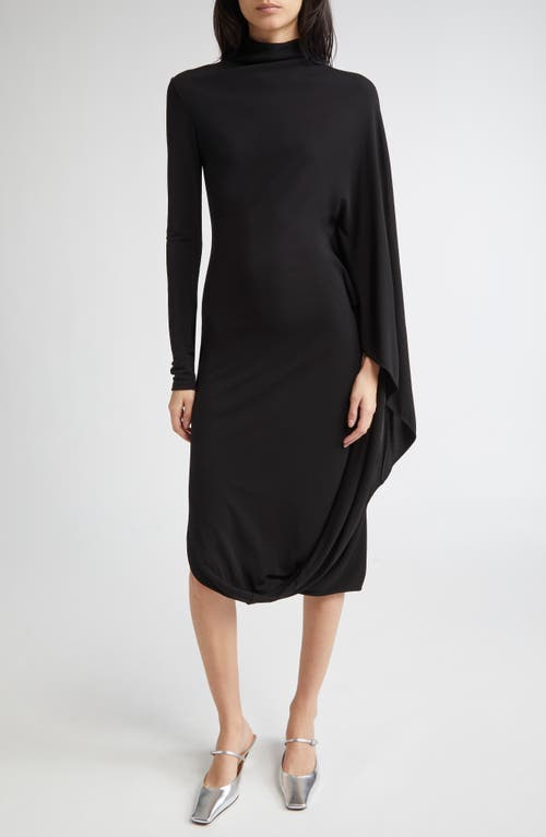 Stella Mccartney Black Asymmetric Midi Dress With High Neck And One Cape Sleeve In Black