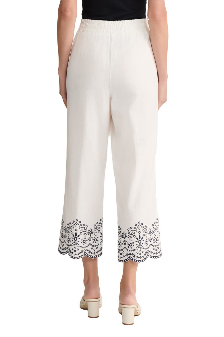 Embroidered Hem Linen Blend Crop Pants, Alternate, color, NATURAL WHITE/ PACIFIC NAVY