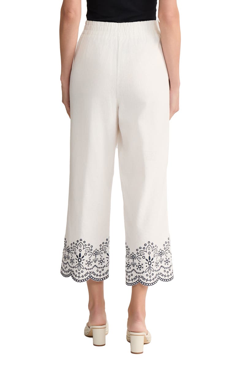 Jones New York Embroidered Hem Linen Blend Crop Pants, Alternate, color, Natural White/ Pacific Navy