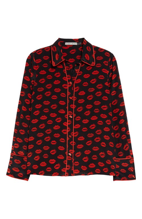 Alice And Olivia Willa Printed Silk Crepe De Chine Shirt In Kiss Kiss Black/bright Ruby