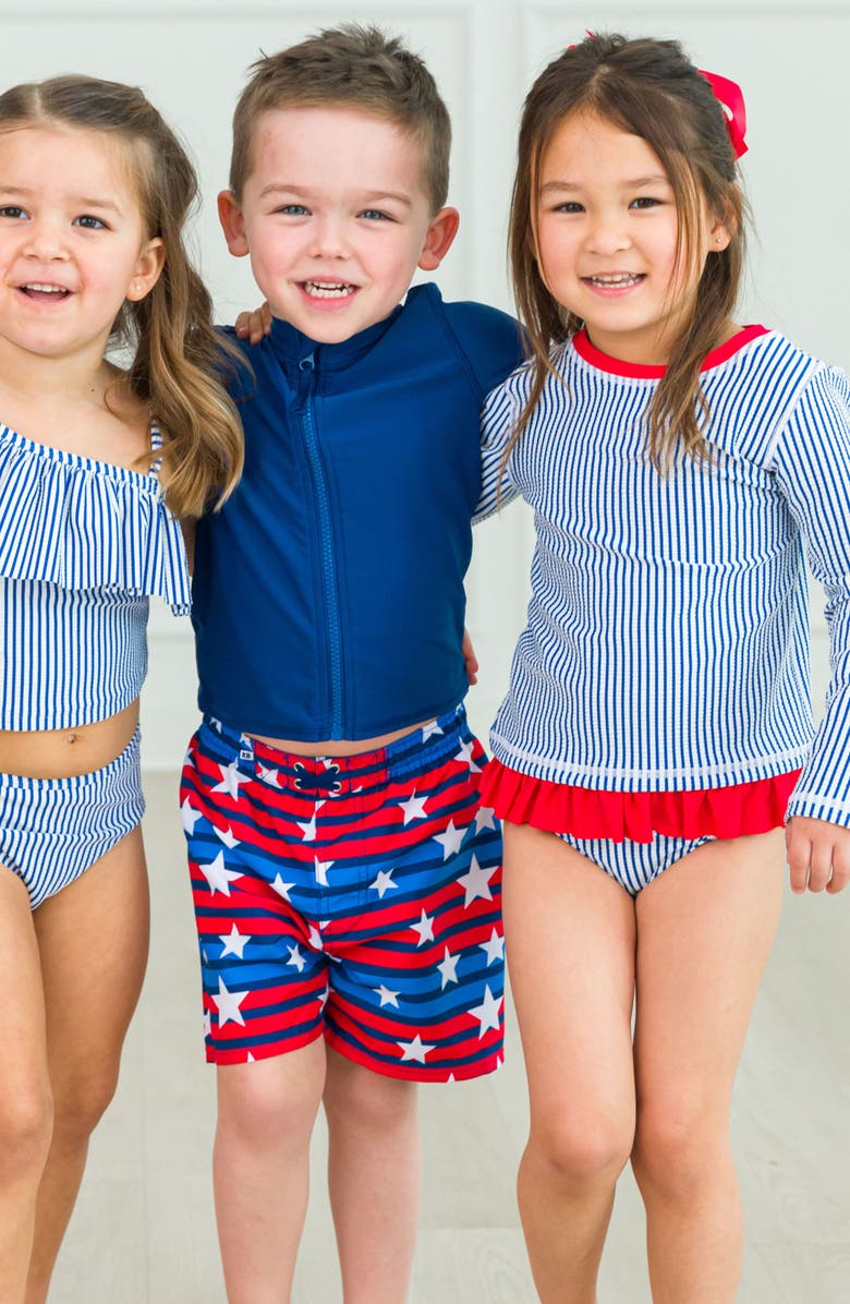 RuffleButts Seersucker Two-Piece Rashguard Swimsuit & Bow Headwrap Set, Alternate, color, Blue