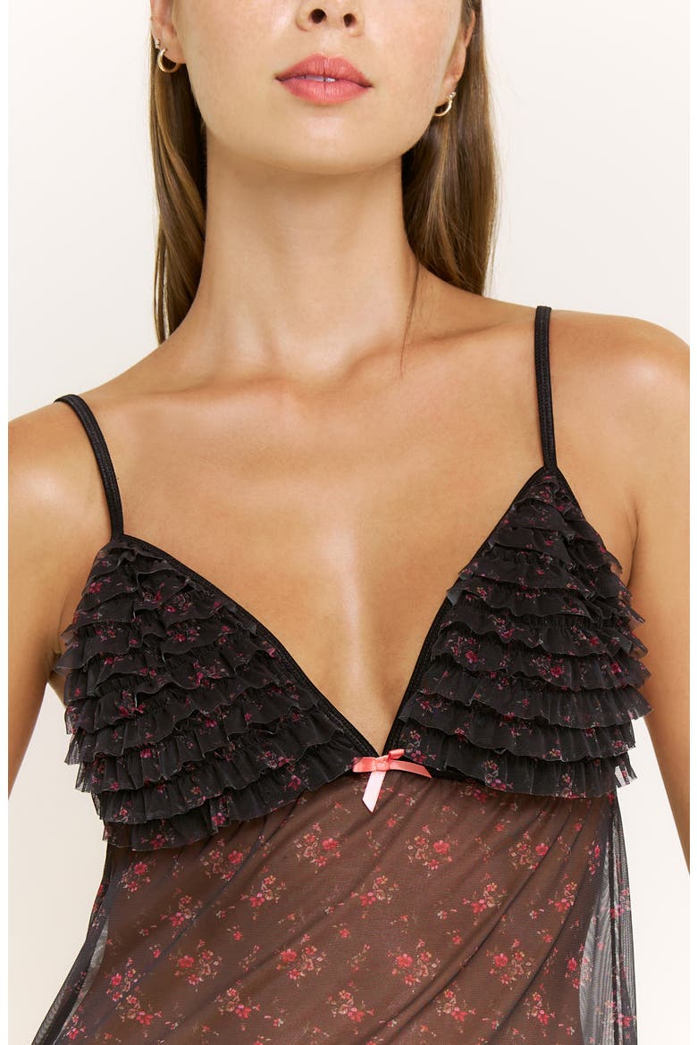 Rumba Floral Ruffle Sheer Chemise, Alternate, color, BLACK DITSY