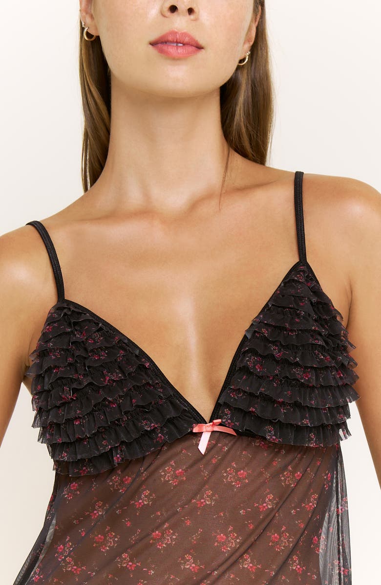 Honeydew Rumba Floral Ruffle Sheer Chemise, Alternate, color, Black Ditsy