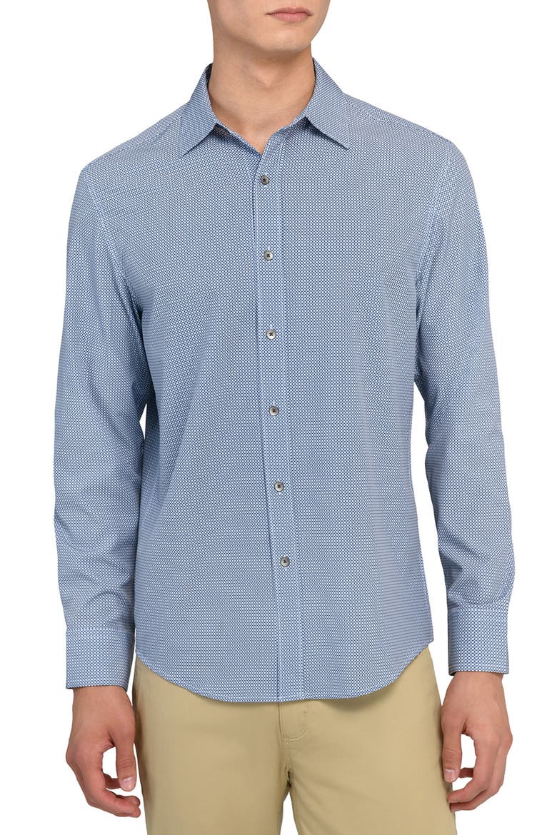 Slim Fit Round Geo Print Performance Button-Up Shirt, Main, color, WHITE/ BLUE