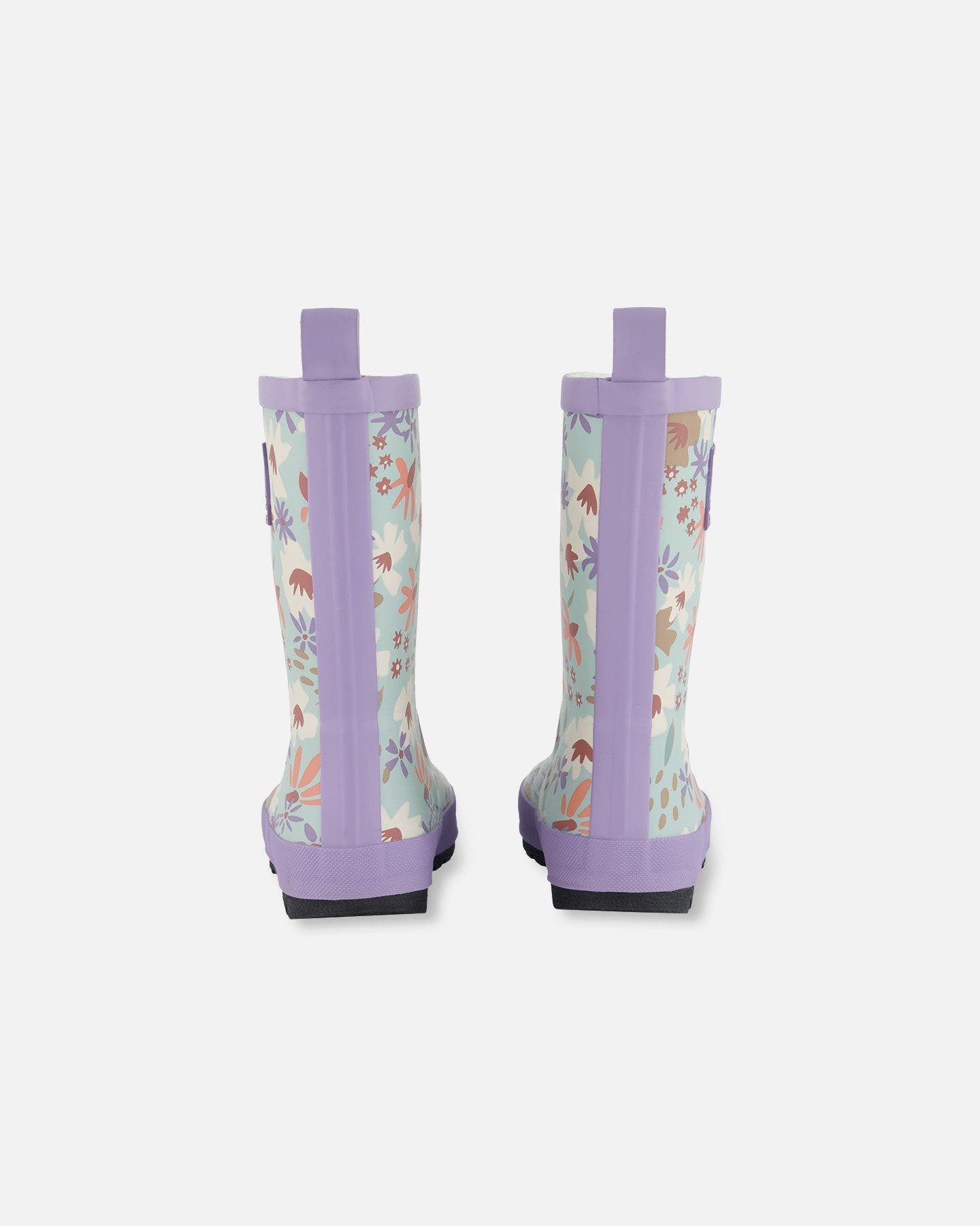 Deux par Deux Girl's Printed Rain Boots Small White Flowers On Turquoise And Lilac, Alternate, color, 
