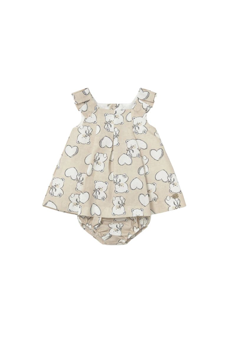 Teddy Bear Print Dress with Nappy Cover, Main, color, Beige