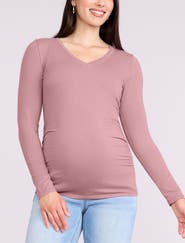 MOTHERHOOD MATERNITY V-Neck Side-Ruched Maternity Long Sleeve Tee