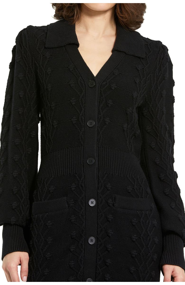 Mac Duggal Long Sleeve Bobble Knit Collared Button Up Dress, Alternate, color, Black