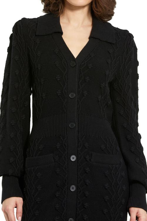 Mac Duggal Long Sleeve Bobble Knit Collared Button Up Dress In Black