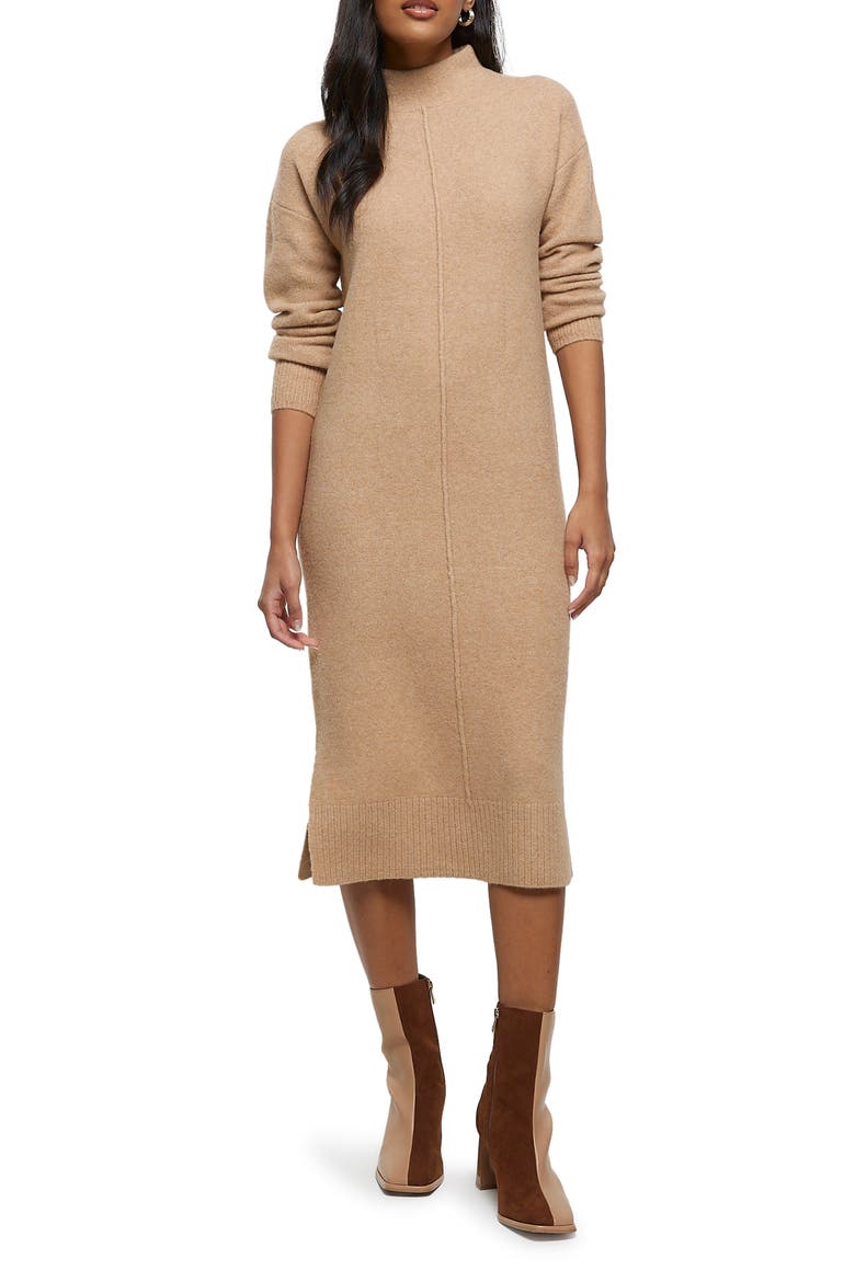 Center Seam Long Sleeve Midi Sweater Dress, Main, color, BROWN