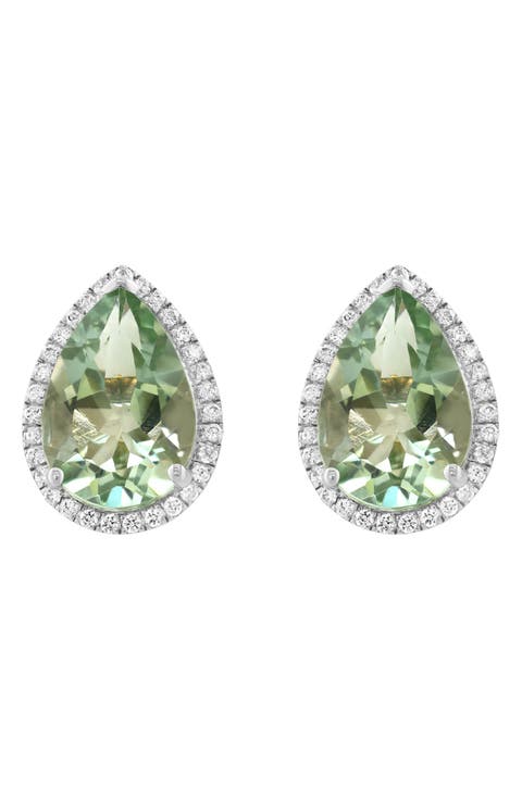Sterling Silver Pear Cut Green Quartz & Zircon Halo Stud Earrings