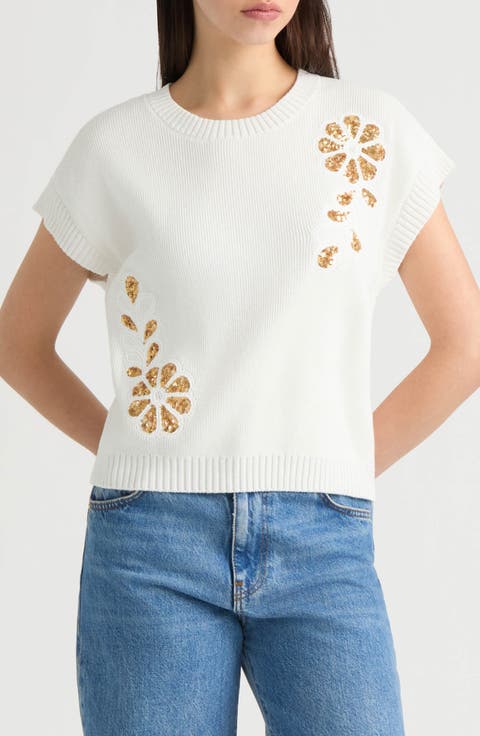 Sequined Floral Stripe Dolman Sweater