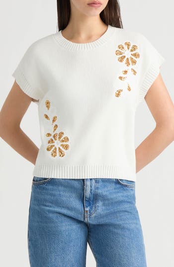 Nvlt Sequined Floral Stripe Dolman Sweater In Marshmallow