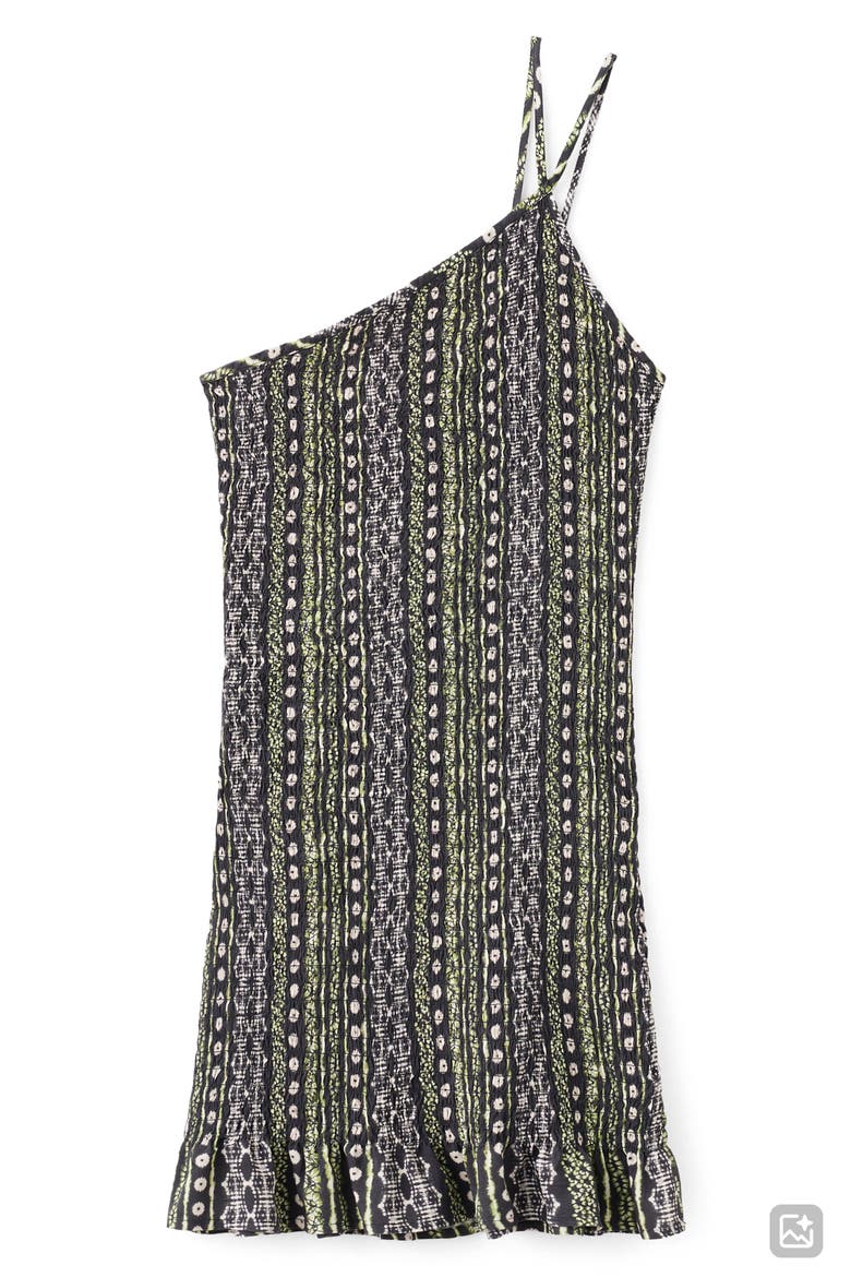 Print Smocked One-Shoulder Minidress, Alternate, color, BLACK