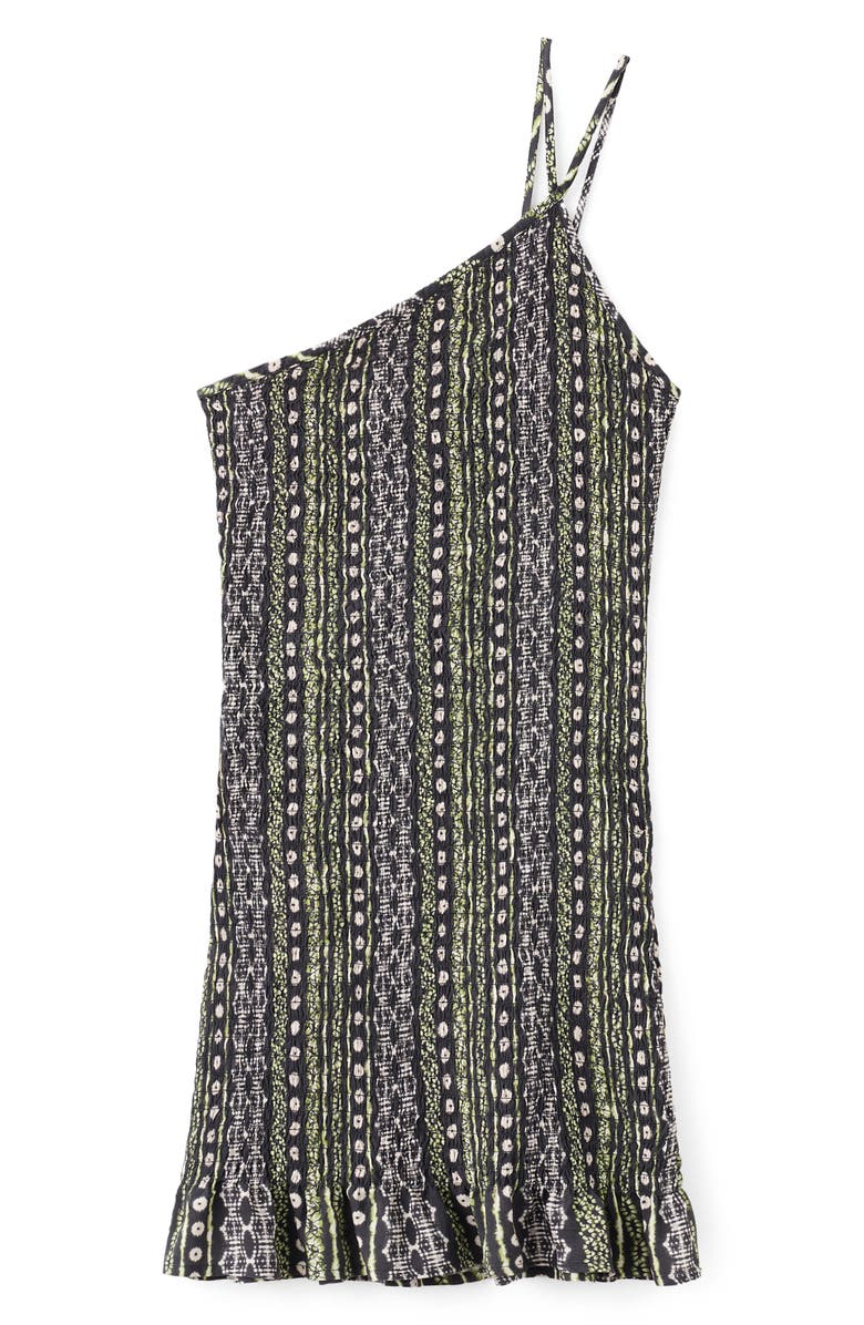 MANGO TEEN Print Smocked One-Shoulder Minidress, Alternate, color, Black
