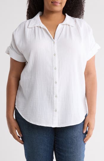 Caslon® Duo Gauze Camp Shirt in White at Nordstrom Rack, Size 2X