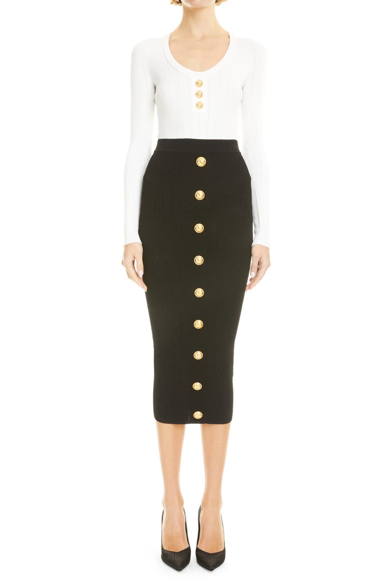 Balmain Button Front Rib Midi Skirt, Alternate, color, 0Pa 0Pa Noir