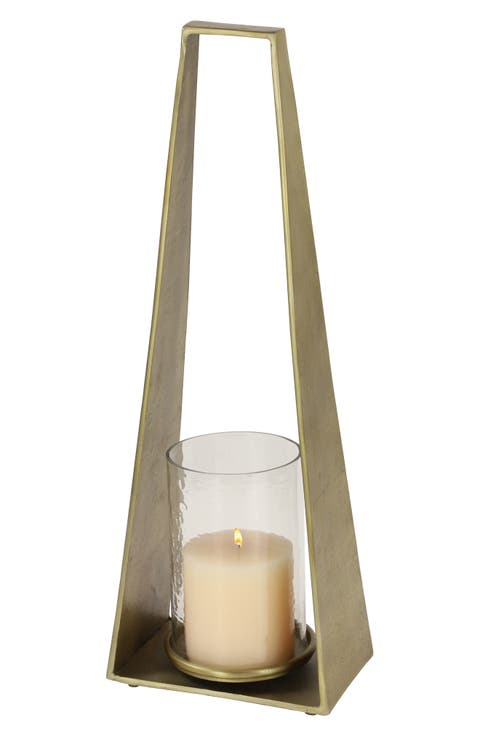 Large Goldtone Candle Holder with Hurricane Glass