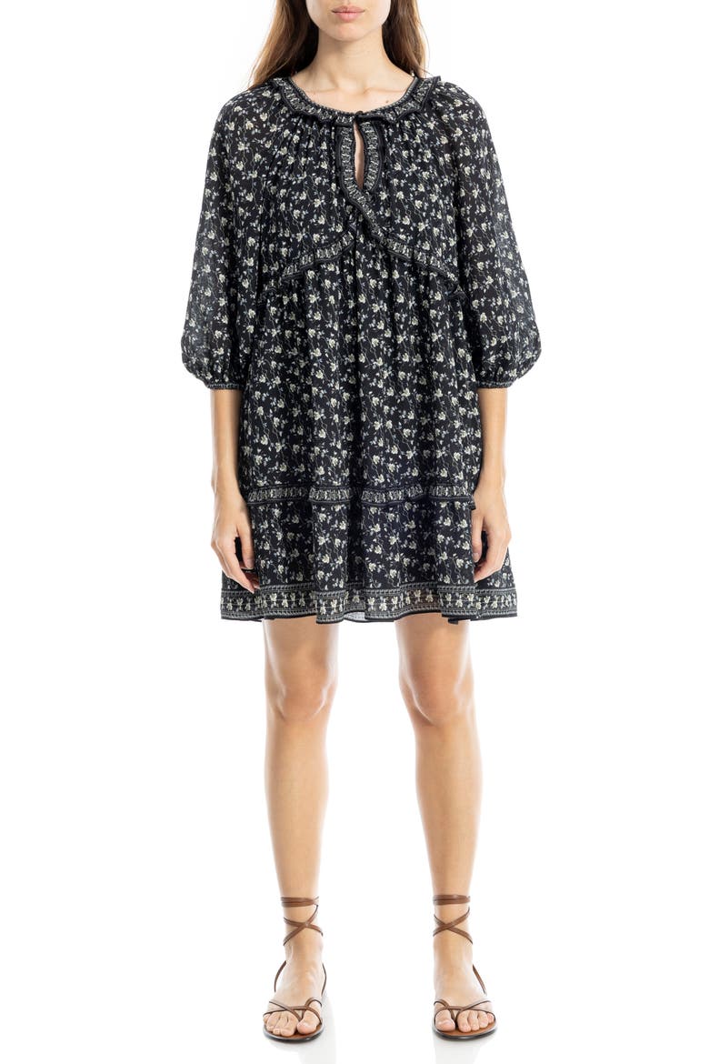 Floral Three-Quarter Sleeve Keyhole Minidress, Main, color, BLACK FLORAL