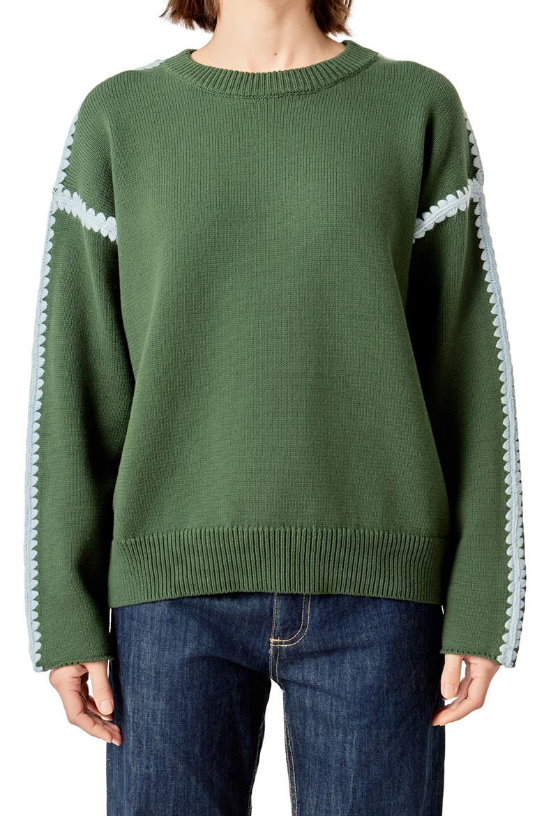 Stitch Detail Relaxed Fit Cotton Sweater, Alternate, color, MOSSMULTI