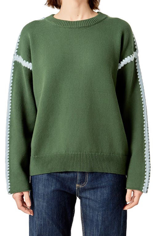 English Factory Stitch Detail Relaxed Fit Cotton Sweater In Green