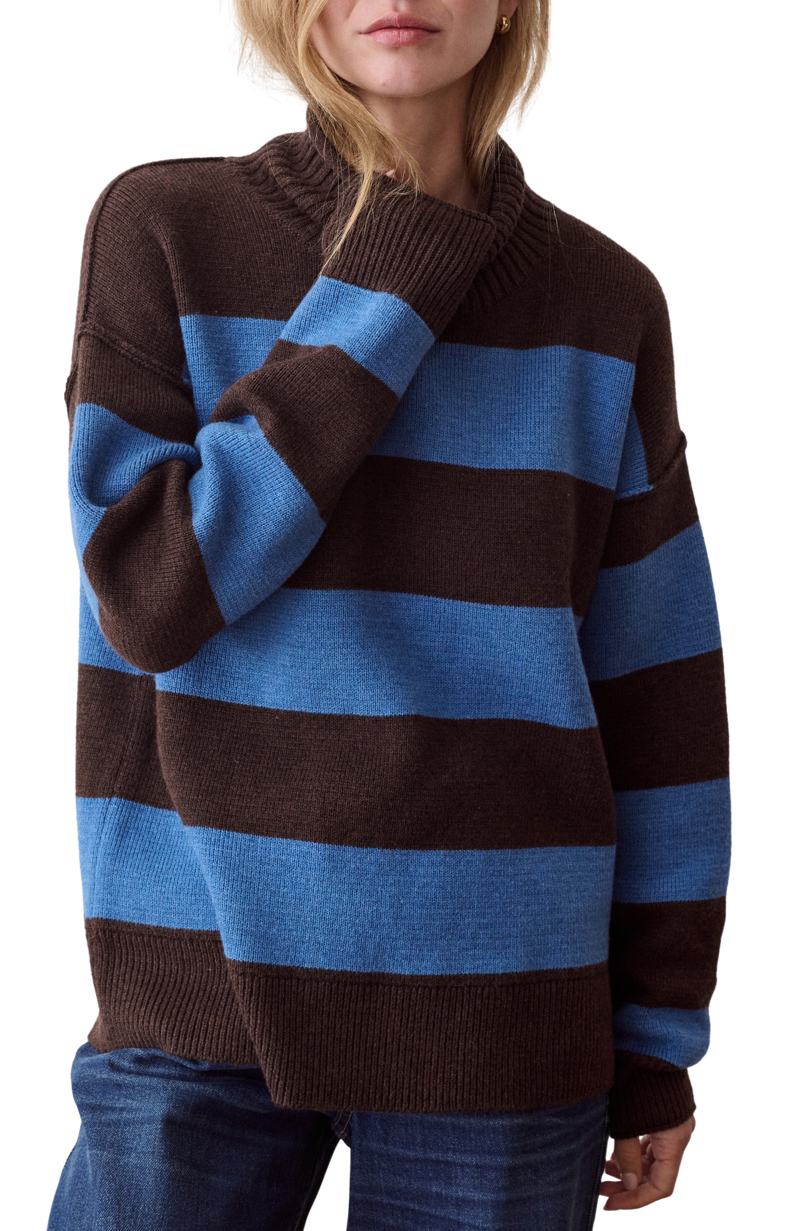 Marine Layer Maggie Rollneck Stripe Sweater In Chocolate And Coronet