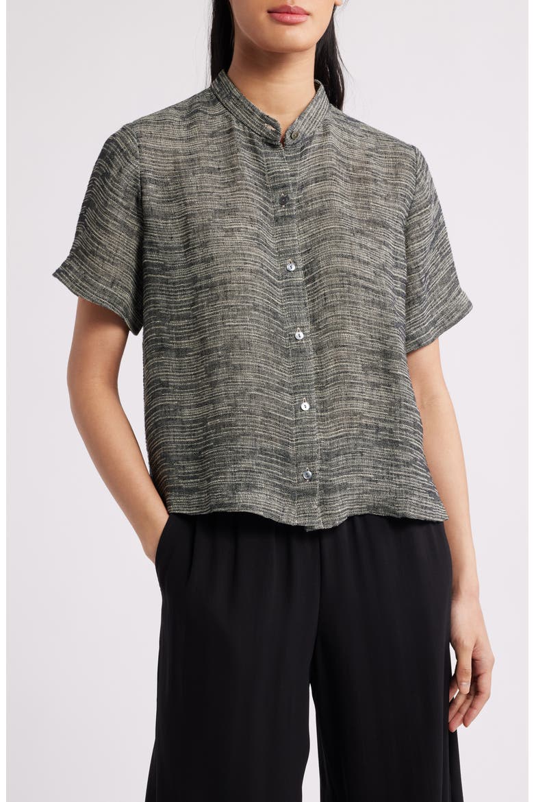 Short Sleeve Organic Linen Blend Button-Up Shirt, Main, color, BLACK/ NATURAL