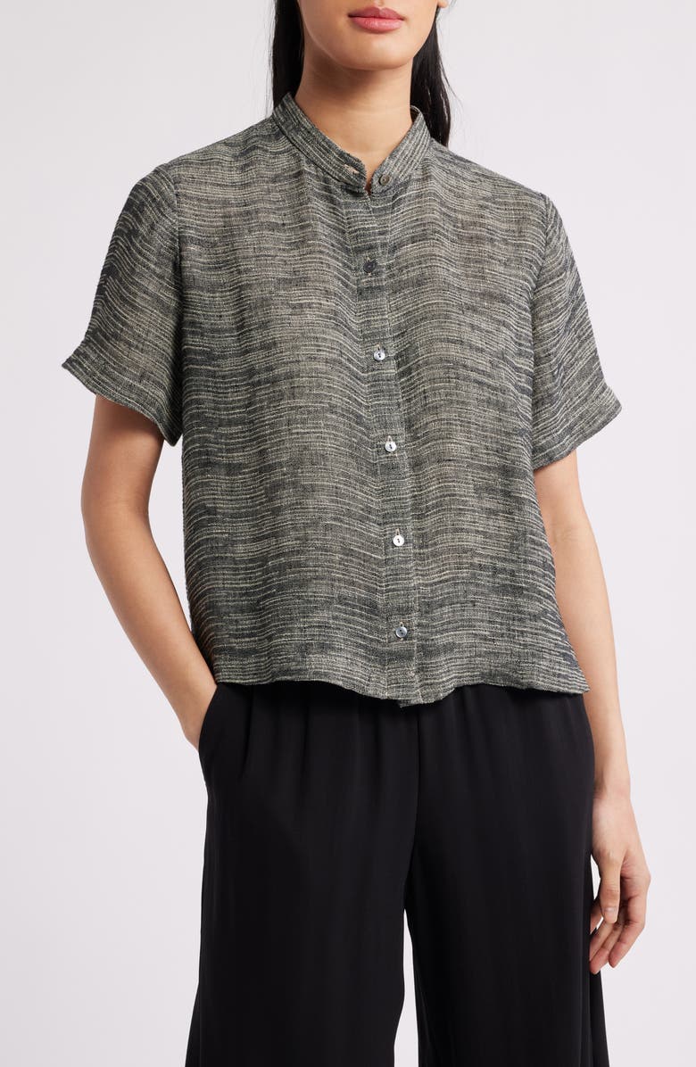 Eileen Fisher Short Sleeve Organic Linen Blend Button-Up Shirt, Main, color, Black/ Natural