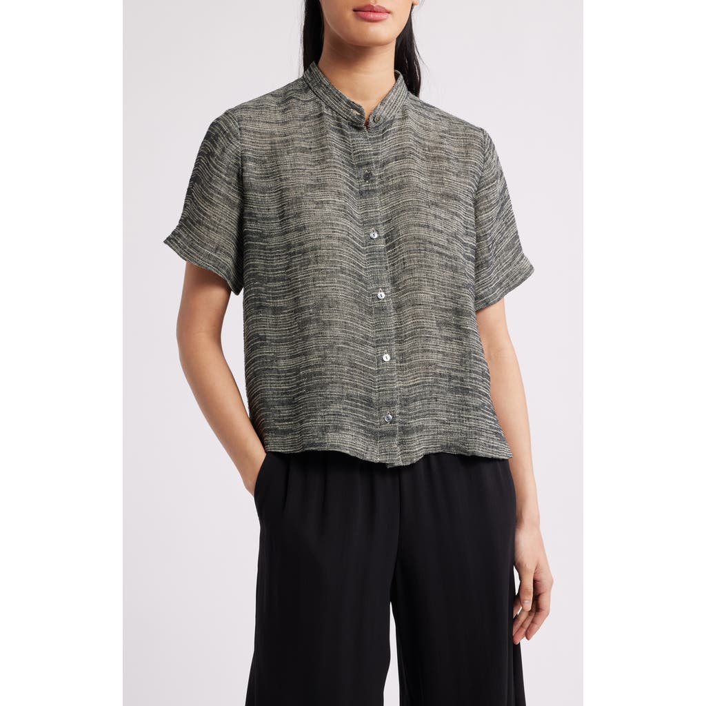 Eileen Fisher Short Sleeve Organic Linen Blend Button-up Shirt In Black/natural