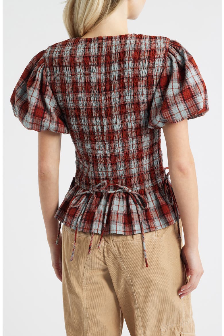 Audrey Plaid Smocked Puff Sleeve Organic Cotton Top, Alternate, color, RED/ GREY