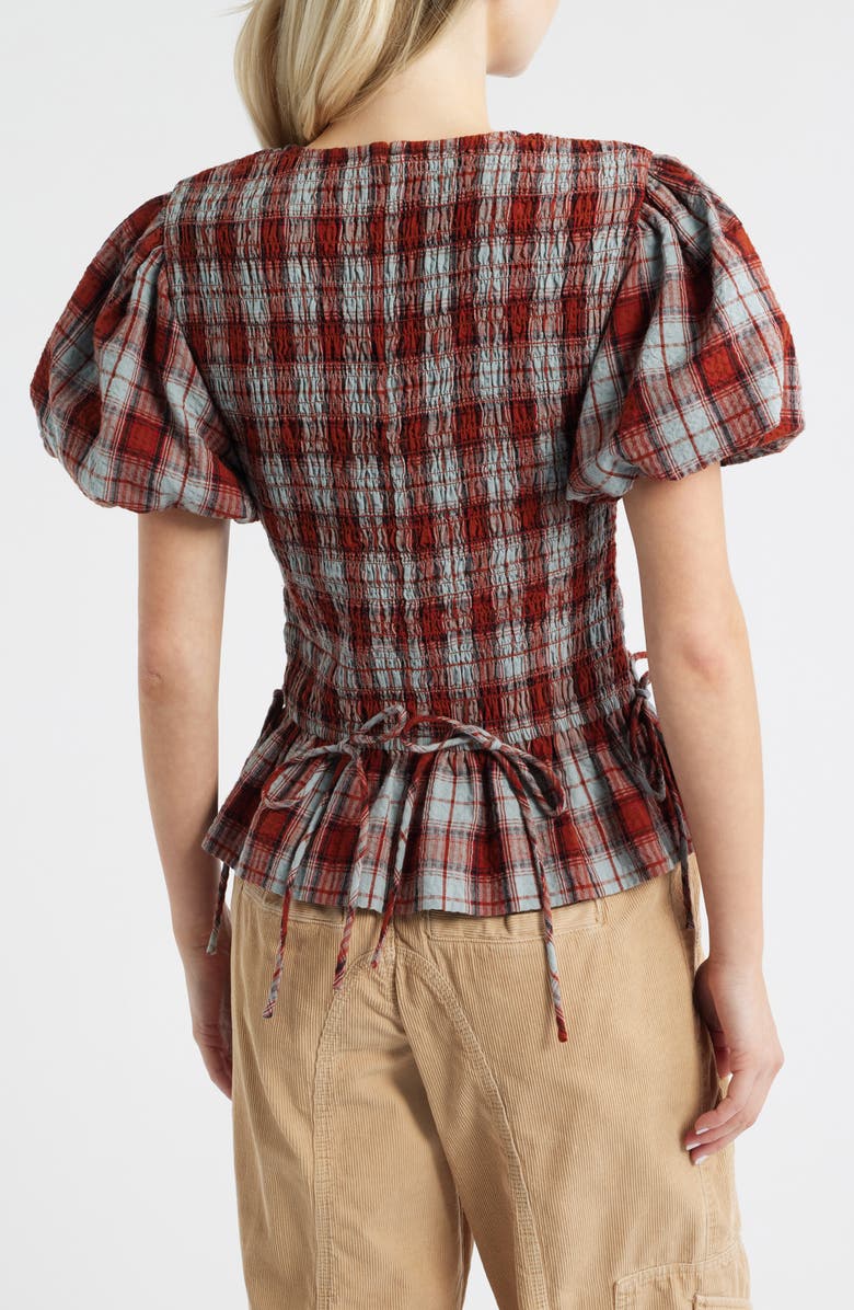 Damson Madder Audrey Plaid Smocked Puff Sleeve Organic Cotton Top, Alternate, color, Red/ Grey