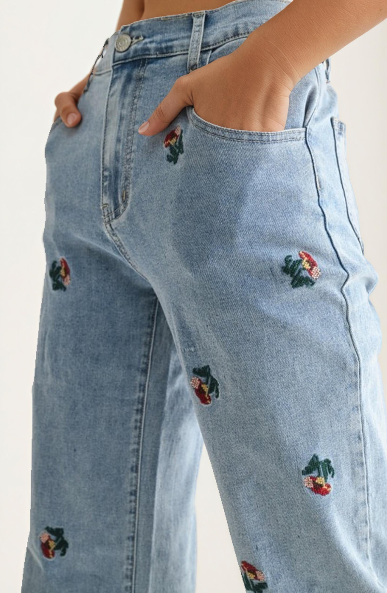 Knit and Lounge High Rise Embroidered Floral Denim Jeans, Alternate, color,