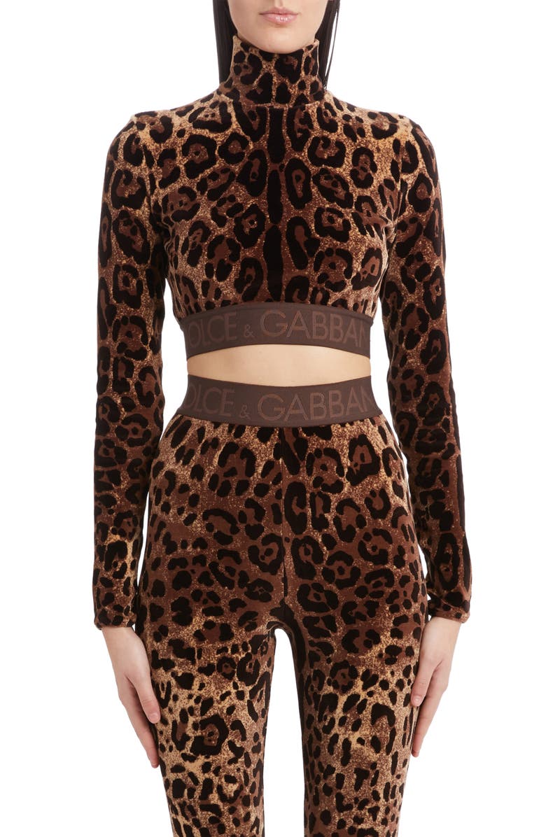 Dolce&Gabbana Leopard Print Long Sleeve Turtleneck Crop Top, Main, color,