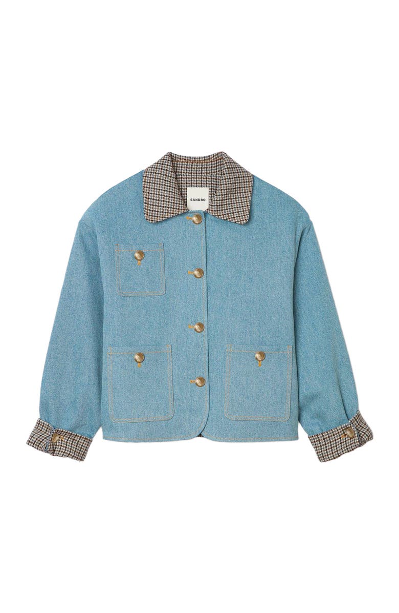 SANDRO Plaid collar denim jacket, Alternate, color, Blue Jean