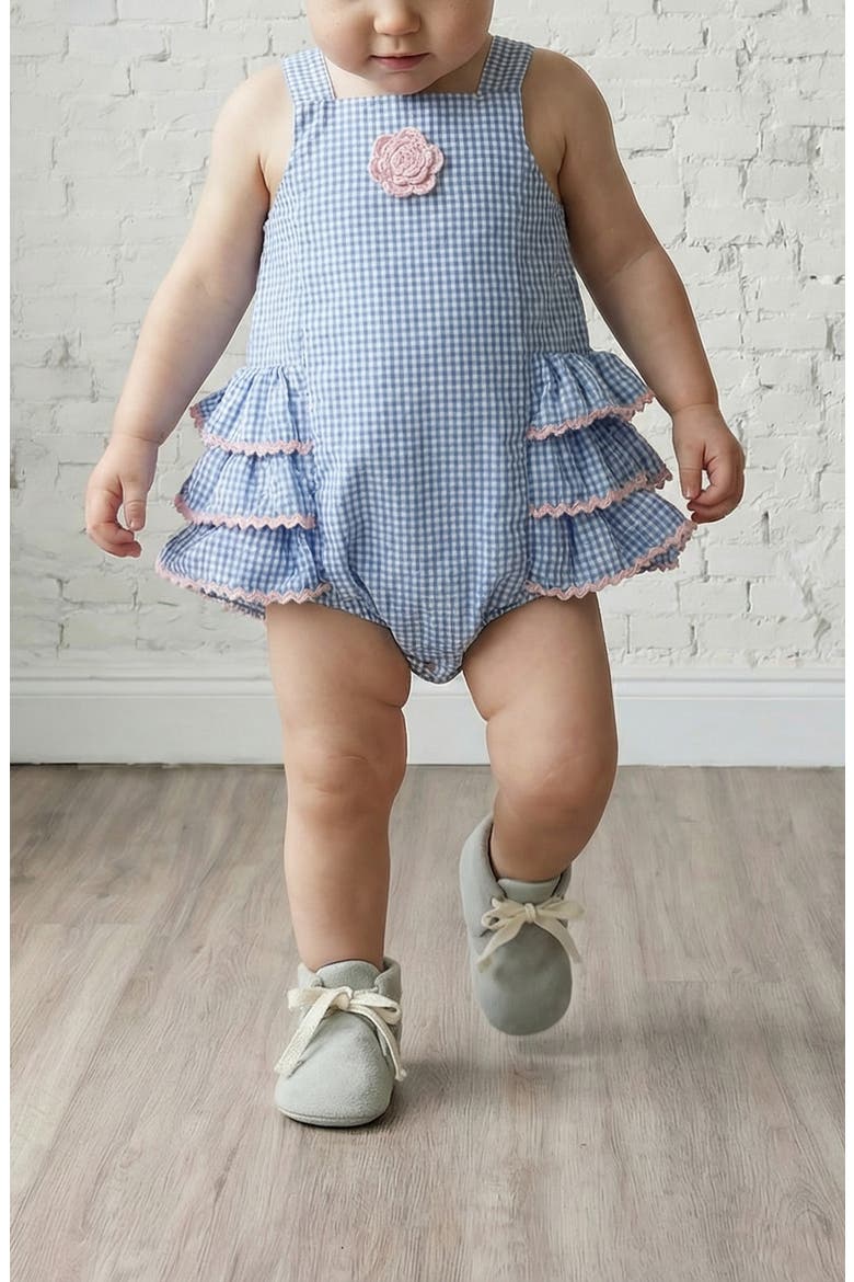 Seersucker Ruffle Sunsuit, Alternate, color, BLUE/ WHITE