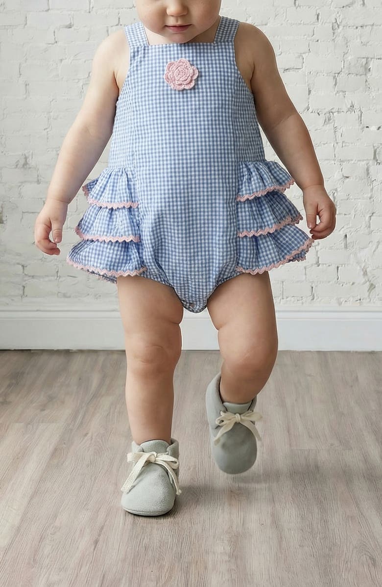 Pippa & Julie Seersucker Ruffle Sunsuit, Alternate, color, Blue/ White