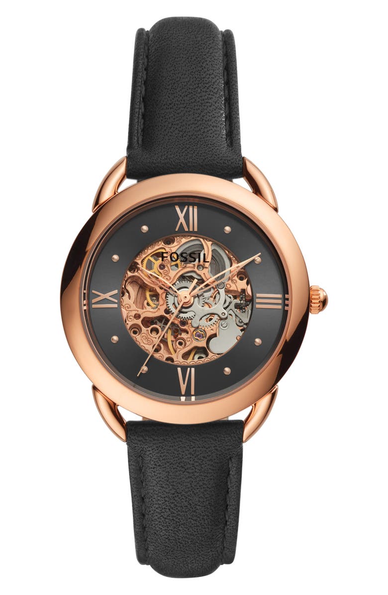 Fossil Tailor Skeleton Automatic Leather Strap Watch, 35mm, Main, color, 