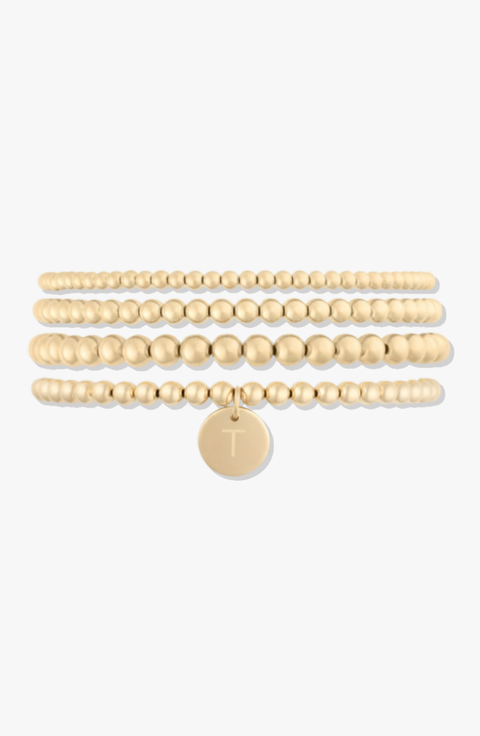 Classic Initial Coin 14k Gold Filled Bead Four Bracelet Stack