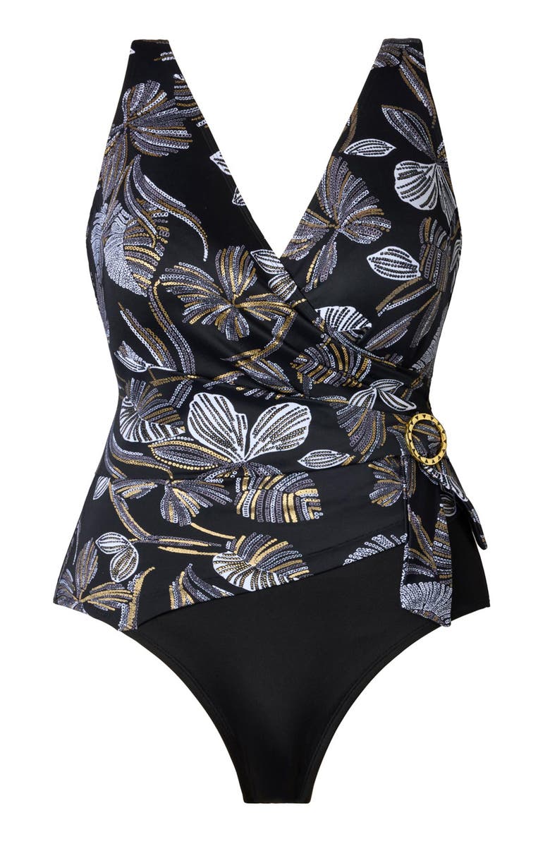 Longitude Buckle Shirred Surplice Long Torso One-Piece Swimsuit, Alternate, color, Gilded Garden