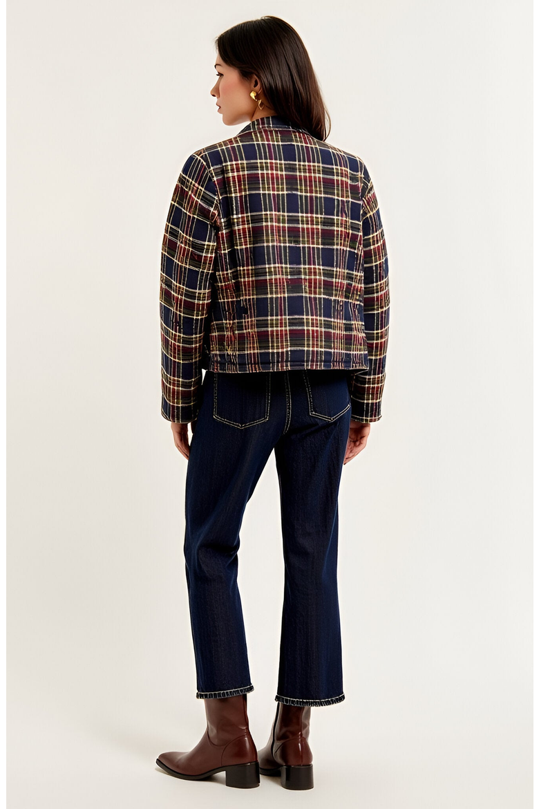Plaid Cropped Gold Button Closure Patch Pocket Jacket, Alternate, color, Navy Plaid