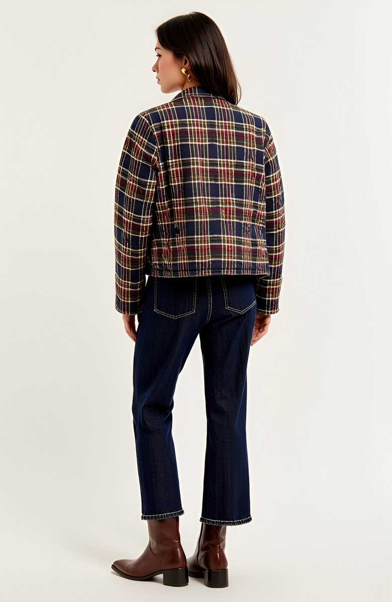 Modenaire Plaid Cropped Gold Button Closure Patch Pocket Jacket, Alternate, color, Navy Plaid