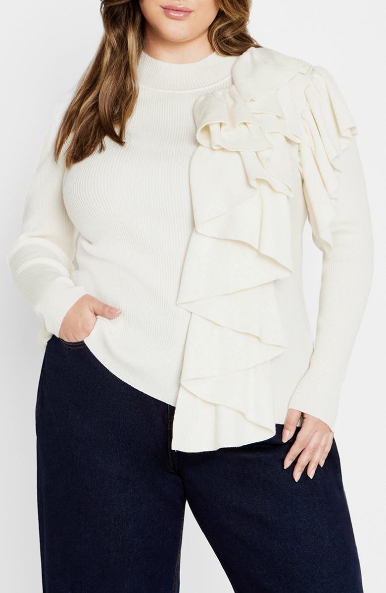 City Chic Helen Ruffle Knit Top, Main, color, Ivory
