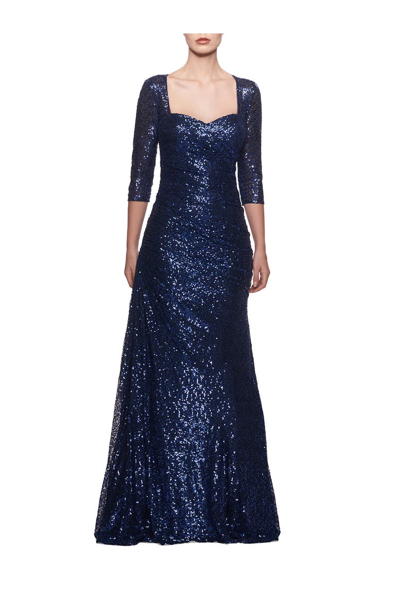 Floor Length Sequin Gown with Ruching and Sleeves, Main, color, Navy