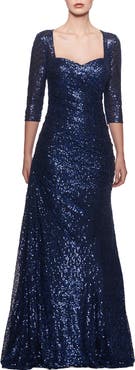 La Femme Floor Length Sequin Gown with Ruching and Sleeves