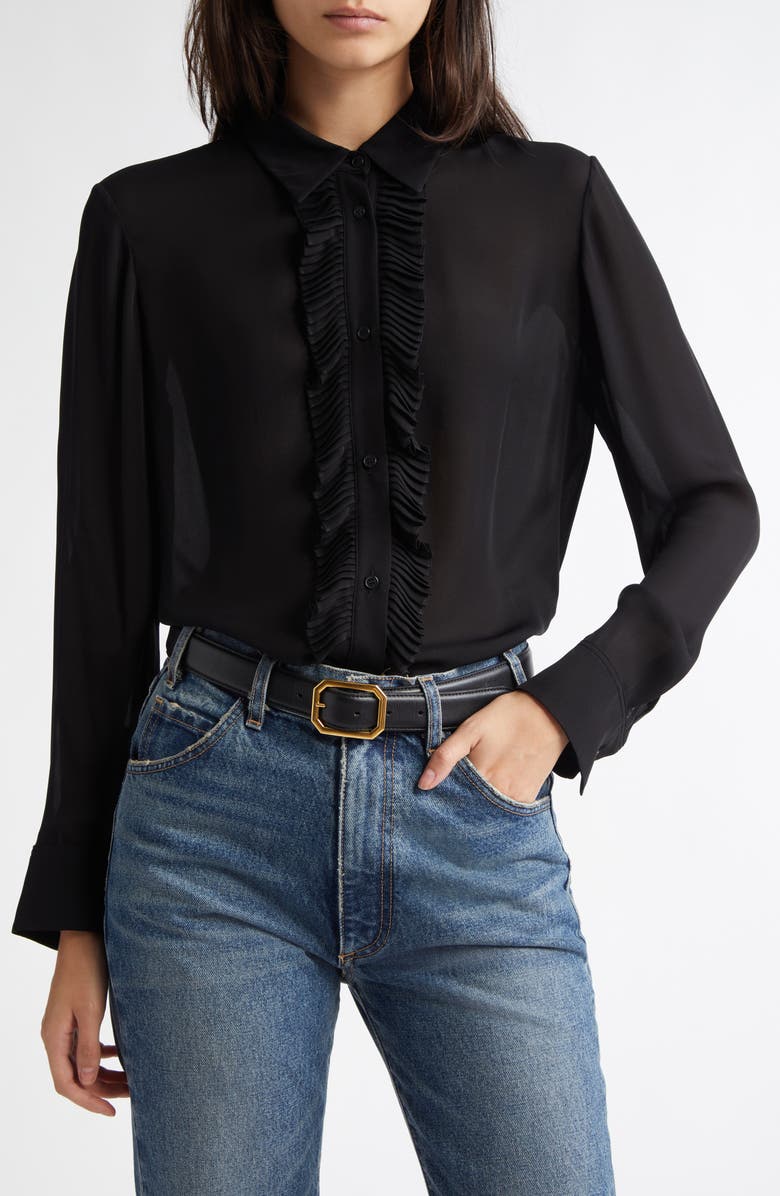 Nili Lotan Danika Ruffle Placket Silk Shirt, Main, color,